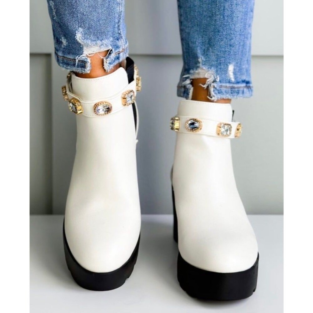 BAMBOO boots platform stacked heel bamboo white boots removable Velcro jewel 8.5 - Picture 4 of 10